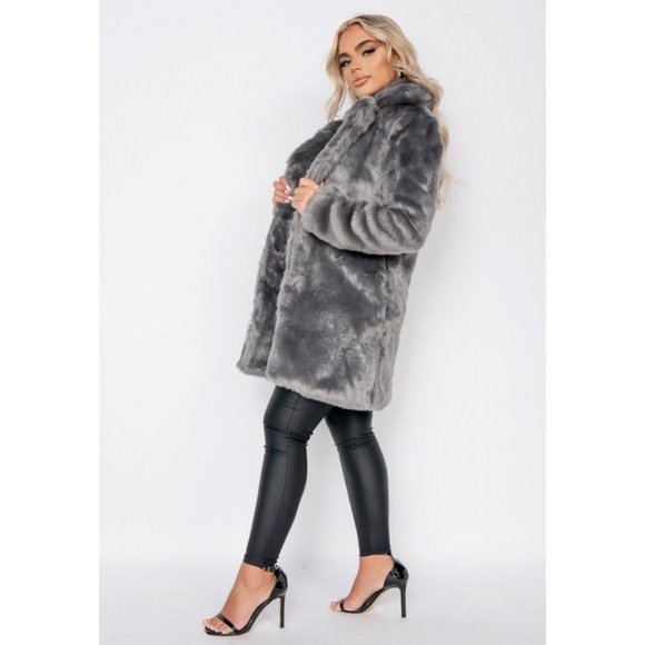 Gray Faux Fur Long Sleeve Collared Midi Coat - Picture 14 of 15